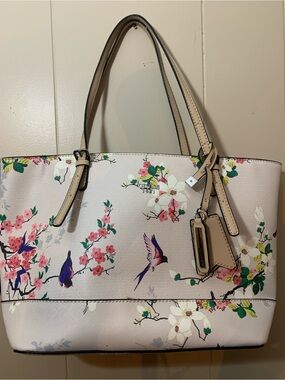 GUESS Pink Floral Tote with Bird Print